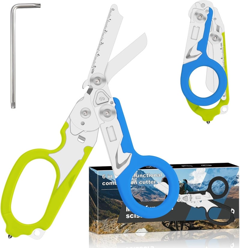 Lemasa6 in 1 Multifunctional Combination Tool, Folding Retractable Emergency Shears, Outdoor Camping Tools, Seat Belt Cutter, Oxygen Cylinder Wrench, Complimentary Adjustable Wrench (blue-green) - Image 1